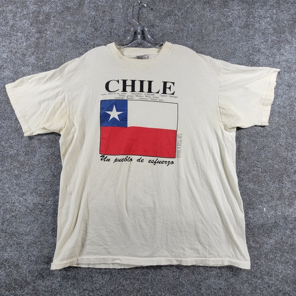 Vintage Oneita Power-T Graphic T-Shirt Mens XL Ivory Pre-Shrunk Chilean Flag